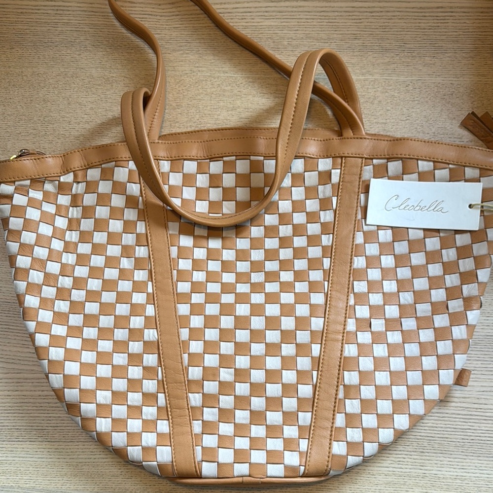 Cleobella Beige and White Checkered Tote